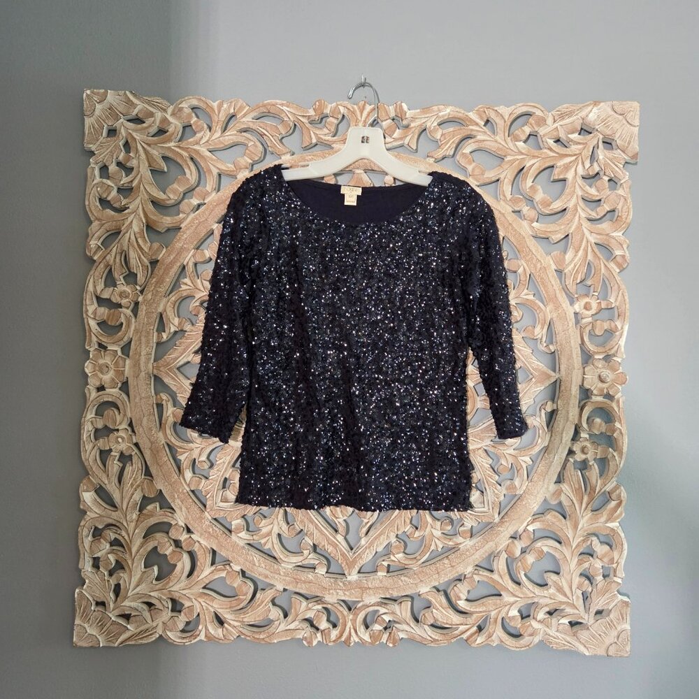 J Crew Navy Blue Sequin Long Sleeve Top XXS